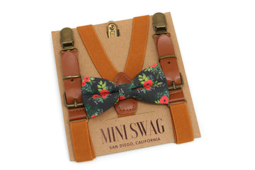 Winter Floral Bow Tie & Camel Leather Suspenders