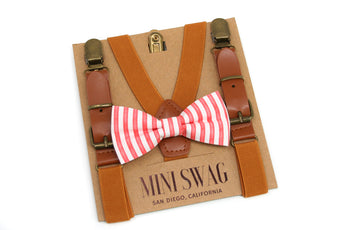 Red Stripe Bow Tie & Camel Leather Suspenders