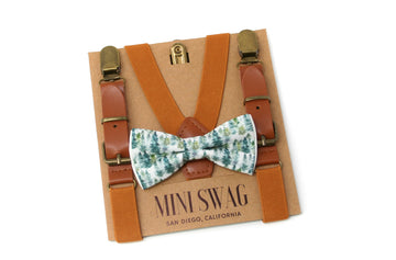 Forest Bow Tie & Camel Leather Suspenders
