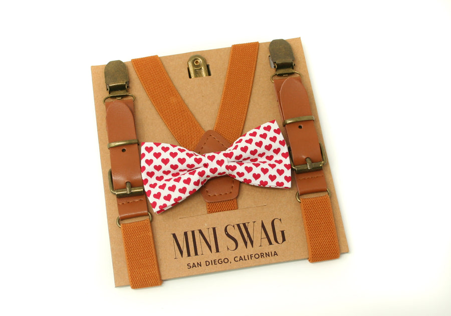 Red Heart Bow Tie & Camel Leather Suspenders
