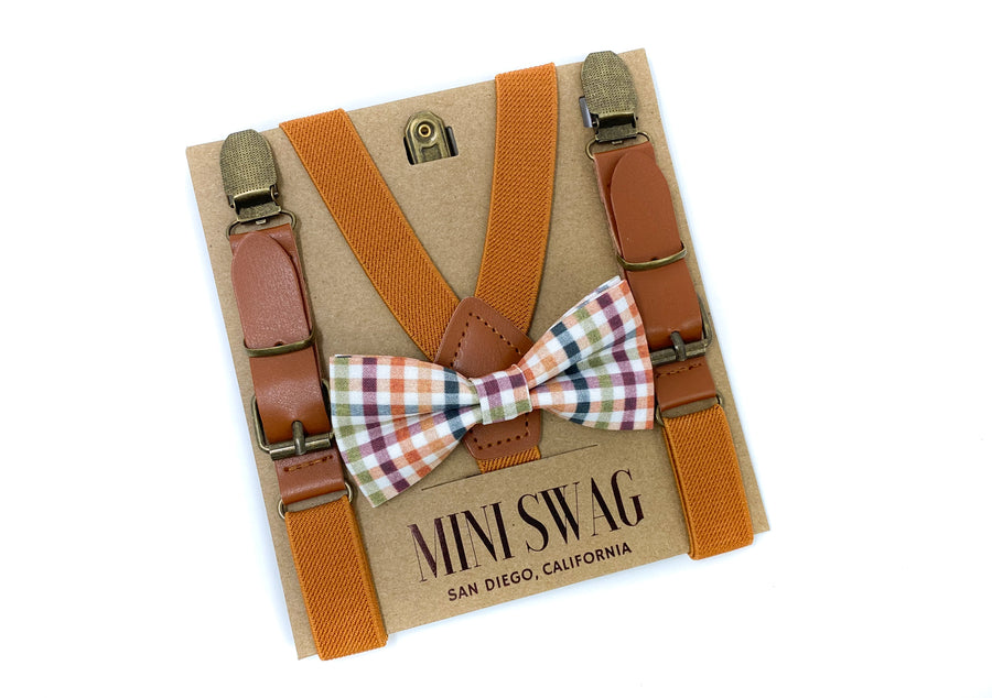 Fall Plaid Bow Tie & Camel Leather Suspenders