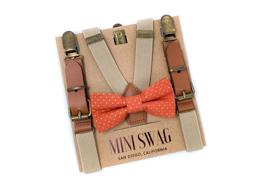 Copper & Gold Dot Bow Tie & Khaki Leather Suspenders