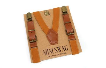 Camel Leather Suspenders with Buckle and Antiqued Hardware, Matching Back Patch, Baby, Toddler, Youth, Adult