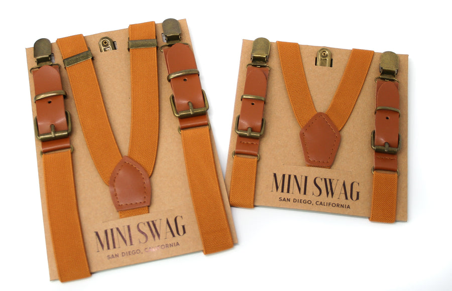 Camel Leather Suspenders with Buckle, Matching Back Patch, and Antiqued Hardware, Youth, Adult, Size Difference