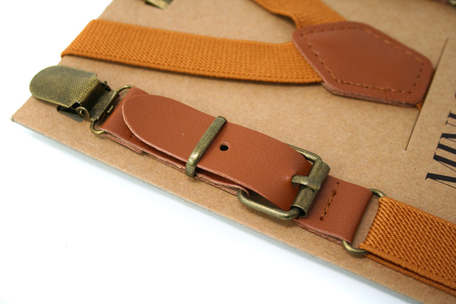 Camel Leather Suspenders with Buckle, Matching Back Patch, and Antiqued Hardware, Baby, Toddler, Youth, Adult, Close Up