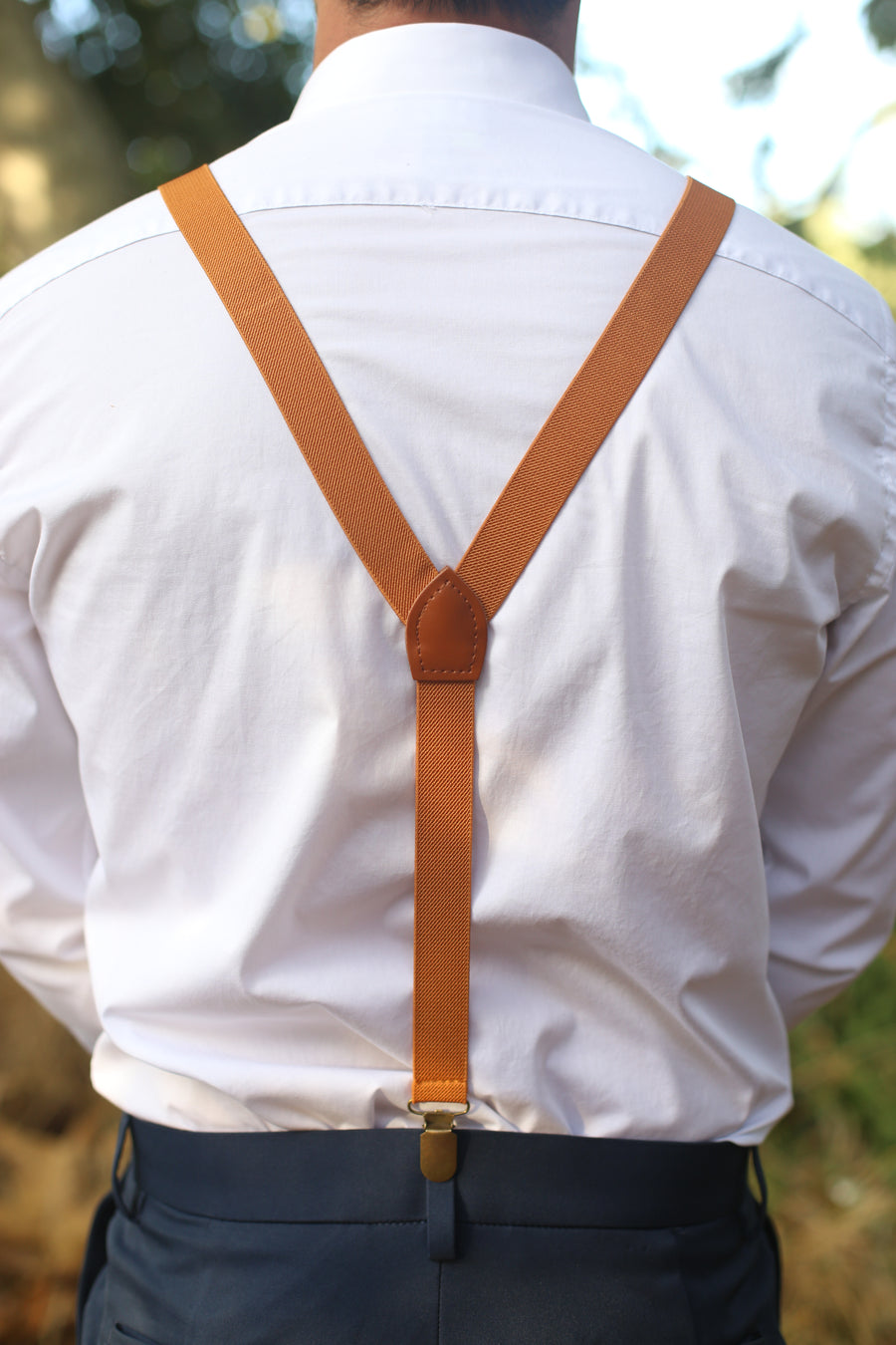 Camel Leather Suspenders with Buckle and Antiqued Hardware, Matching Leather Back Patch, Adult Back View