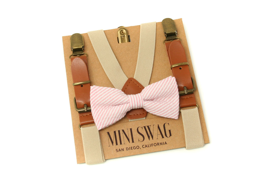 Pink Seersucker Bow Tie & Khaki Leather Suspenders