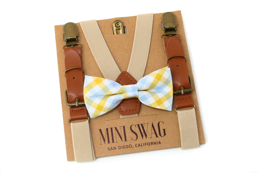 Yellow Plaid Bow Tie & Khaki Leather Suspenders