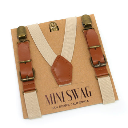 Khaki Leather Suspenders with Matching Leather Back Patch, Buckle and Antiqued Hardware, Baby, Toddler, Youth, Adult
