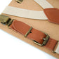 Khaki Leather Suspenders with Matching Leather Back Patch, Buckle, and Antiqued Hardware, Close Up Baby, Toddler, Youth, Adult