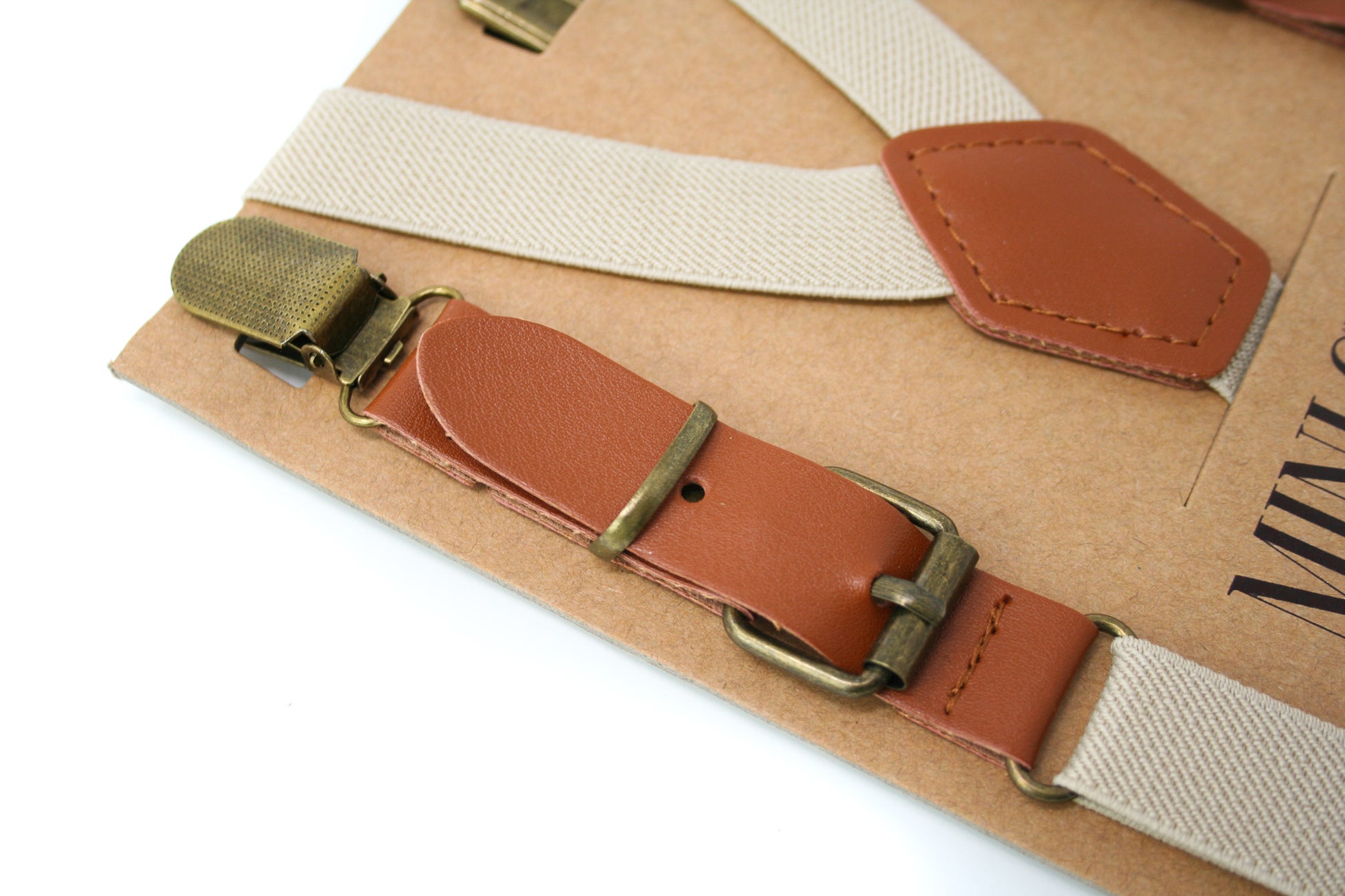Khaki Leather Suspenders with Matching Leather Back Patch, Buckle, and Antiqued Hardware, Close Up Baby, Toddler, Youth, Adult