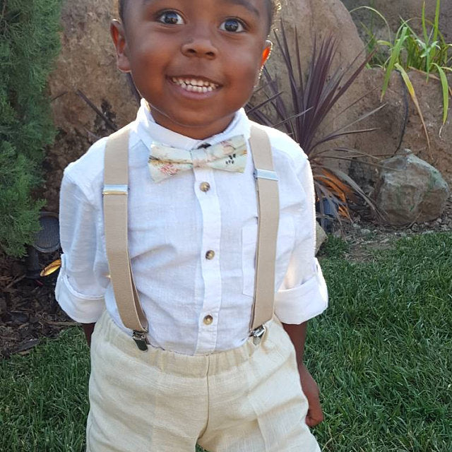 Khaki Suspenders with Matching Back Patch and Silver Hardware, Baby, Toddler, Youth, Adult