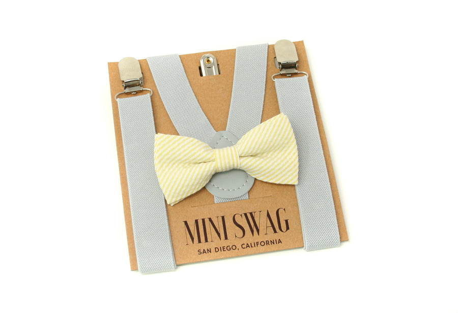 Yellow Seersucker Bow Tie & Light Gray Suspenders
