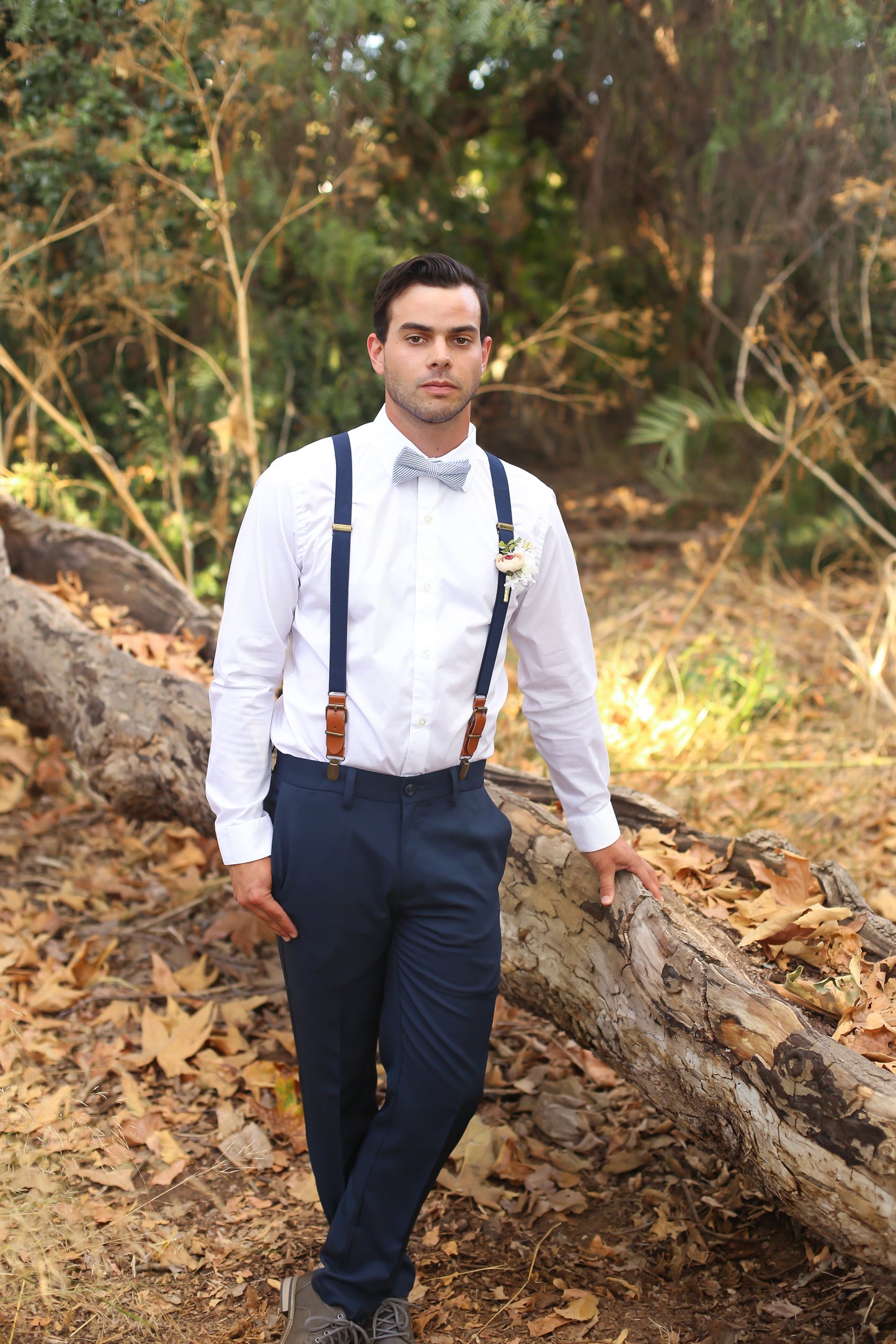 Navy Blue Leather Buckle Suspenders